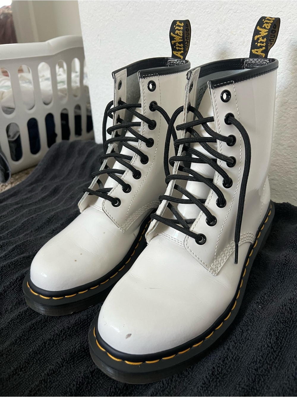 Dr. Martens White Patent 8-Eye Lace-Up Boots with Black Details